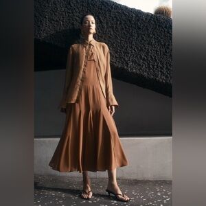 H&M ELEGANT BROWN MIDI DRESS IN CRÉPE CHIFFON NWT SZ XS